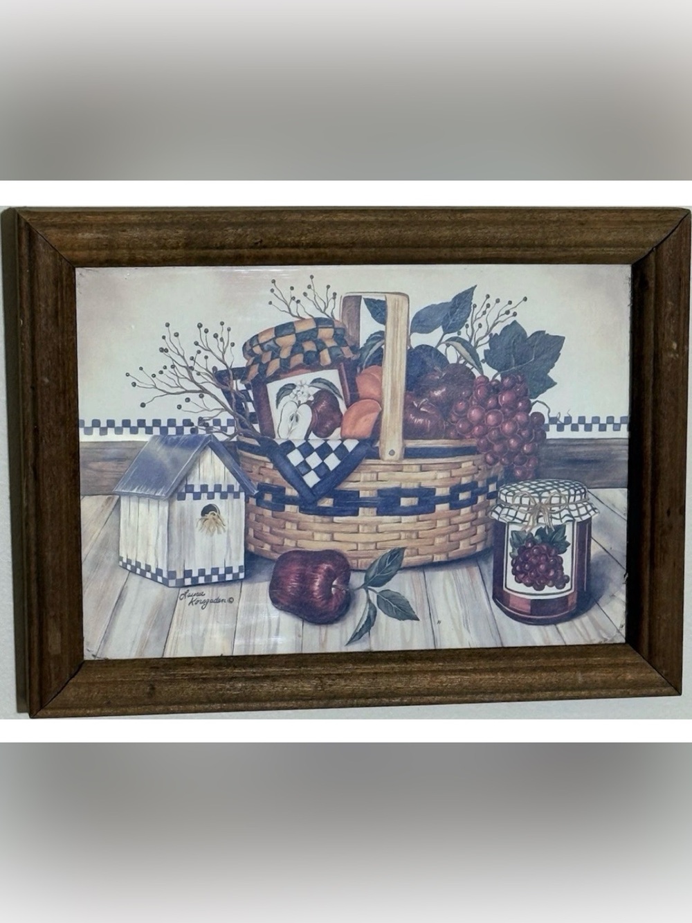 VTG Cottagecore Framed Kitchen Print with Basket, Birdhouse and Grape Jam